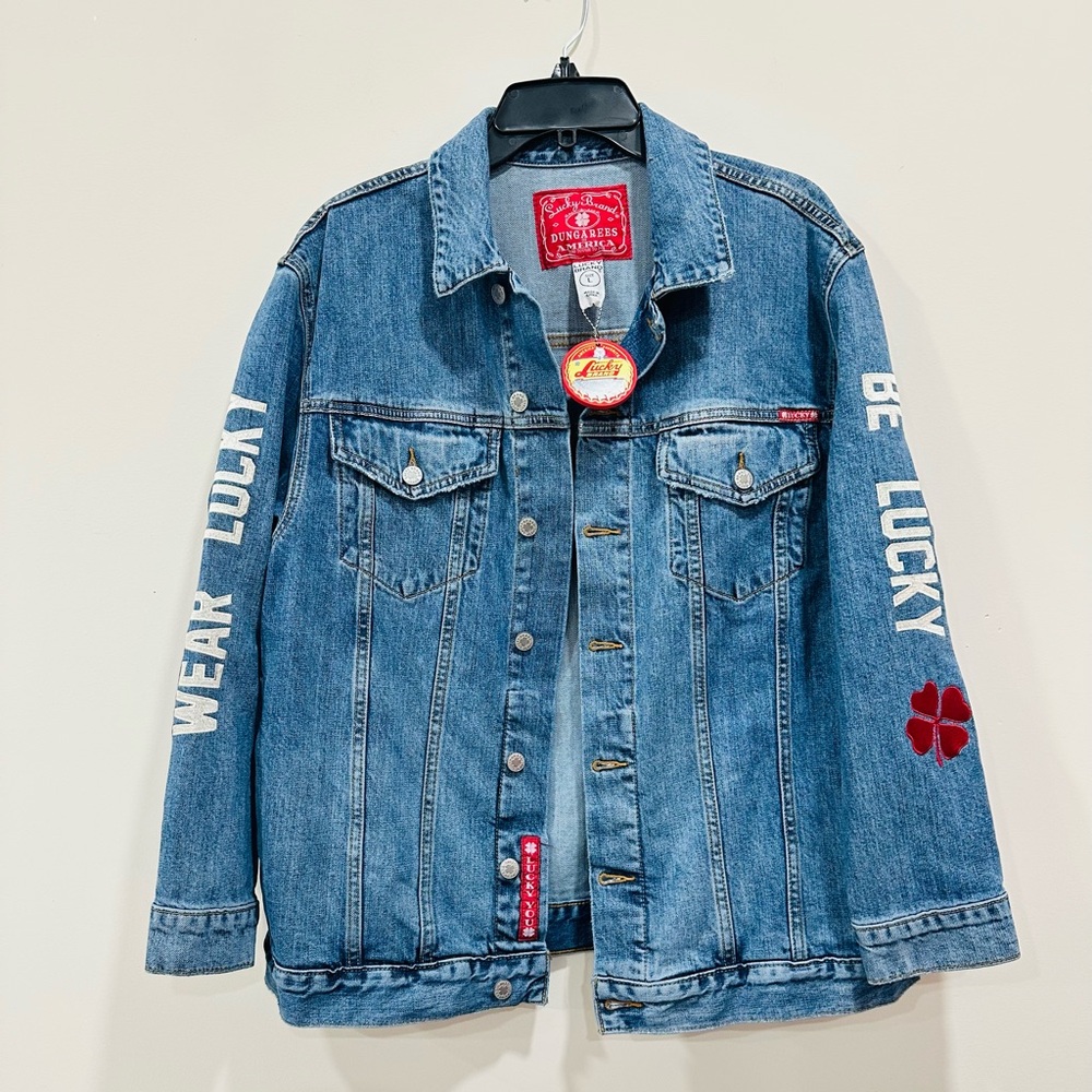 NWT Vintage Lucky Brand Trucker Jacket Women‎ L Blue Embroidered Denim  90s